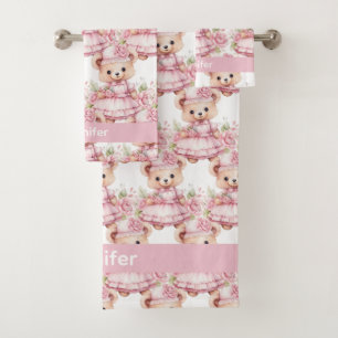 Personnalisé Nom Pink Teddy Bear Jeu de serviettes
