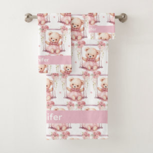 Personnalisé Nom Pink Teddy Bear Jeu de serviettes