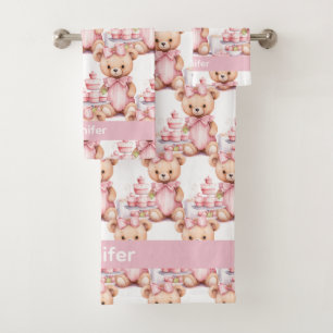 Personnalisé Nom Pink Teddy Bear Jeu de serviettes