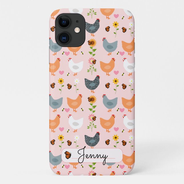 Personnalisé poulets floraux iPhone 11 Coque (Dos)