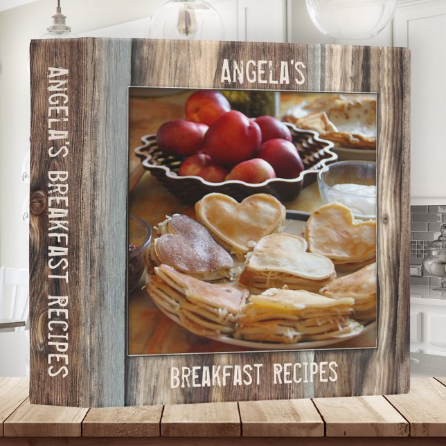Personnalisé Rustic Wood Style Recette Classeur (Rustic breakfast recipe binder featuring your own photo framed by weathered wood )