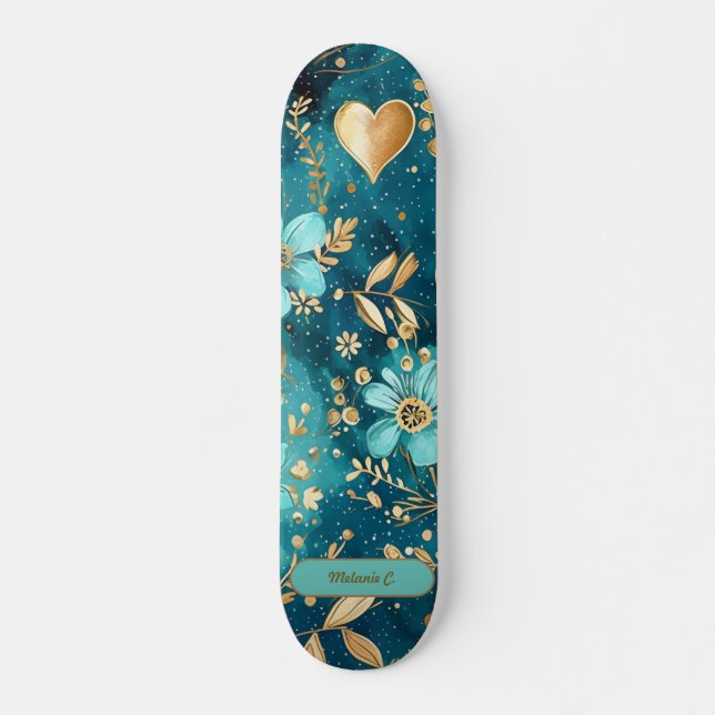 Personnaliser Turquoise & Gold Floral Skateboard (Devant)