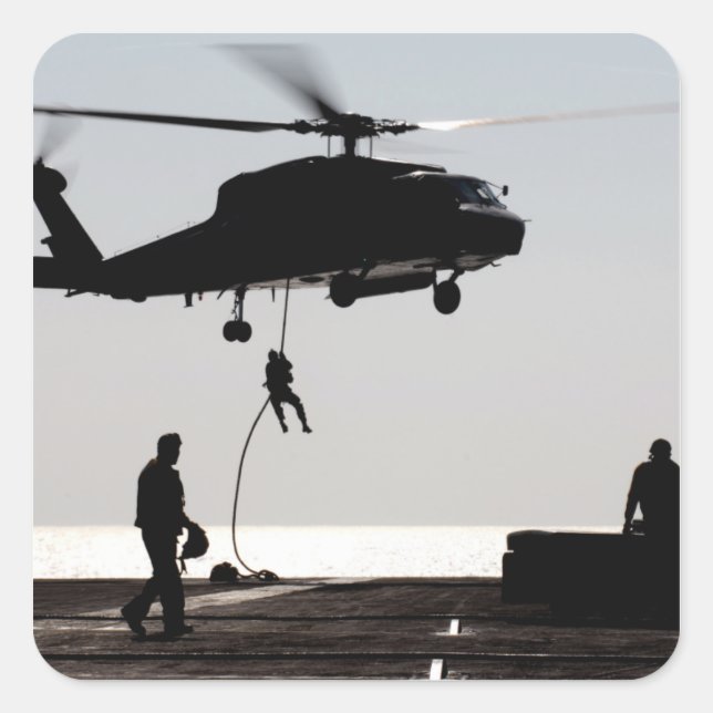 Personnel fast-rope out of an SH-60F Square Sticker (Front)