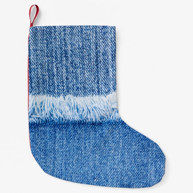 Perspective and closeup view to texture of blue je small christmas stocking (Front)