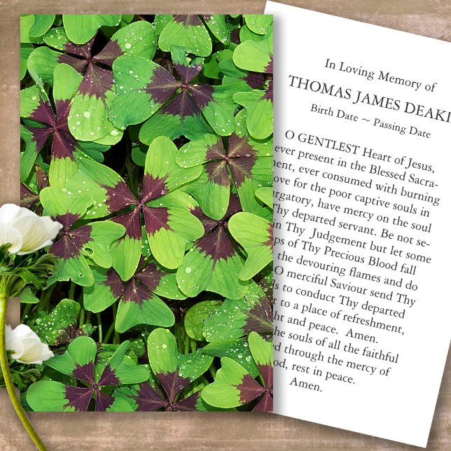 Perte funéraire Clover Memorial Prière Sympathy Ca (Forever in our hearts, celebration of life, in loving memory of, prayer cards for bereavement)