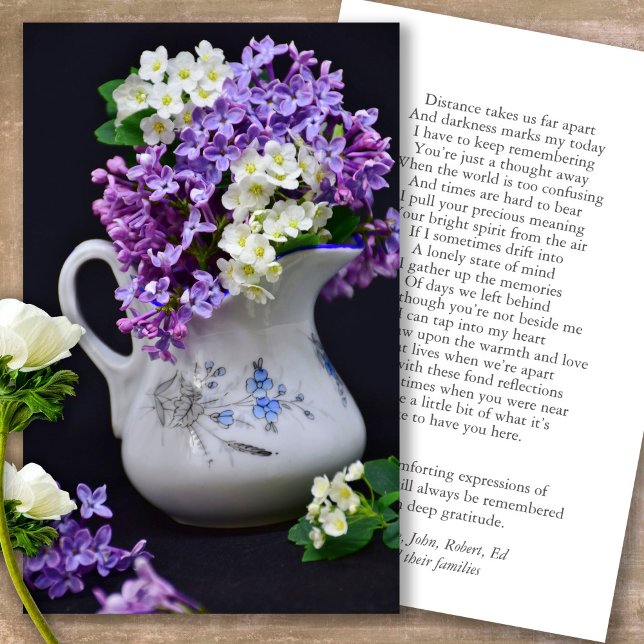 Perte funéraire Lilac Memorial Prayer Cartes de sy (Forever in our hearts, celebration of life, in loving memory of, prayer cards for bereavement)