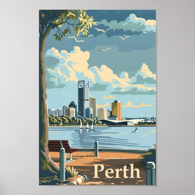 Perth Australia Vintage Retro Travel Illustration Poster (Front)
