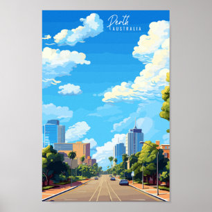 Perth Australia vintage travel illustration Poster