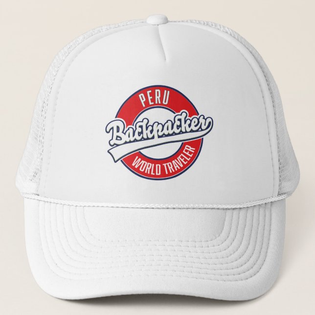 Peru backpacker world traveller logo. trucker hat (Front)