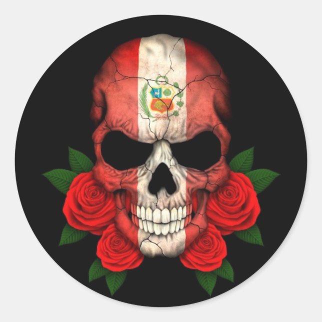 Peruvian Flag Skull with Red Roses Classic Round Sticker (Front)