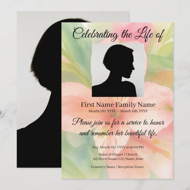 Peruvian lily pastel memorial invitation (Front/Back)