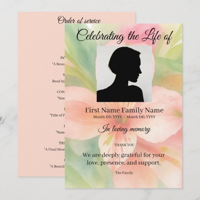 Peruvian lily pastel order of service invitation (Front/Back)