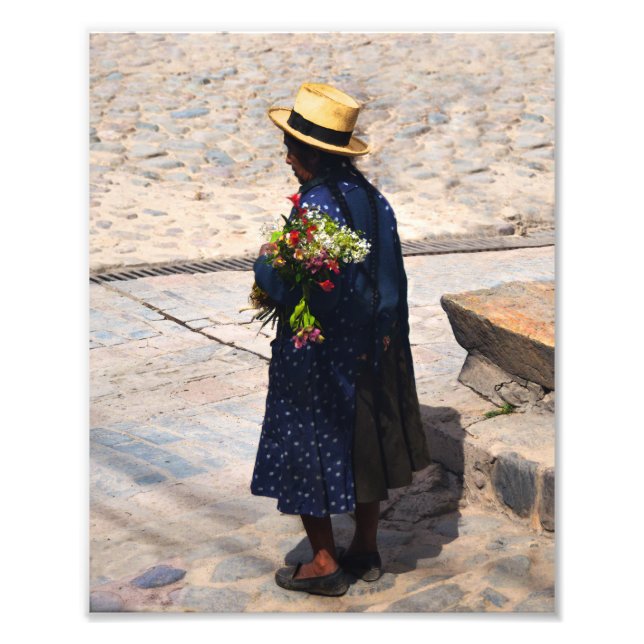 Peruvian Woman Holding Flowers Photo Print (Front)