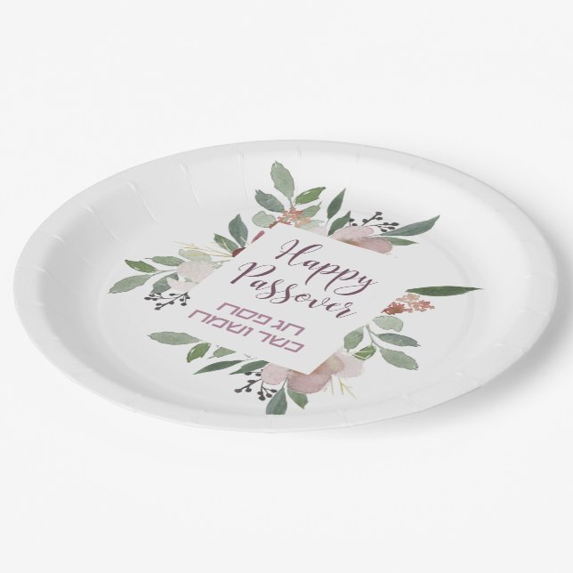 Pesach Kasher veSameach Happy Passover Floral Paper Plate (Angled)