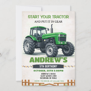 Pesonal Boys Green Tractor Farm Birthday Invitation