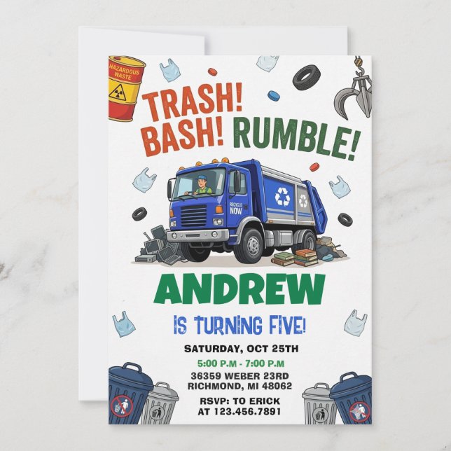 Pesonal Dump Everything Trash Truck Birthday party Invitation (Front)
