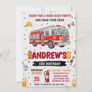 Pesonal FireFigher truck Birthday Party  Invitation