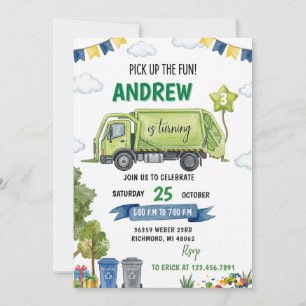 Pesonal Kids Garbage Truck Birthday Recycling Invitation