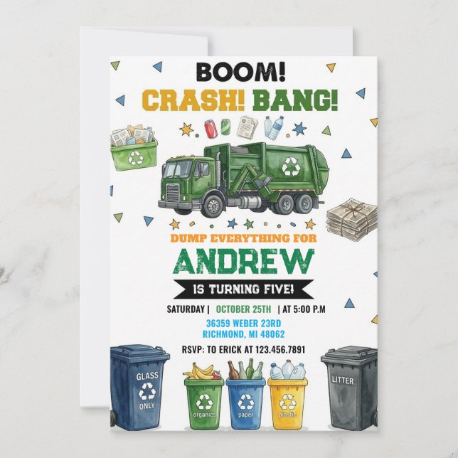 Pesonal Modern Dump Trucks Birthday Any Age Invitation (Front)