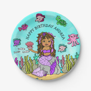 Pesonalized Ethnic Hand darwn  Mermaid Birthday Paper Plate