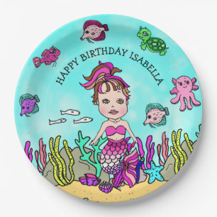 Pesonalized Hand darwn Brunette Mermaid Birthday Paper Plate