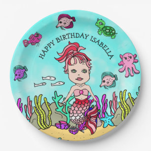 Pesonalized Hand darwn Mermaid Birthday Paper Plate