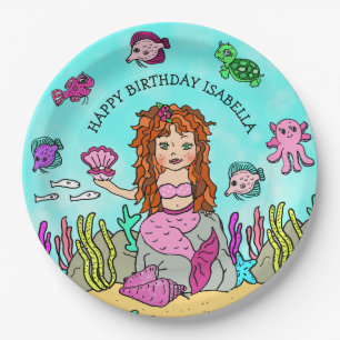 Pesonalized Hand darwn Mermaid Birthday Paper Plate