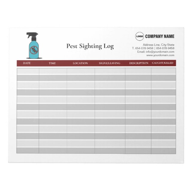 Pest Sighting Log Notepad (Front)