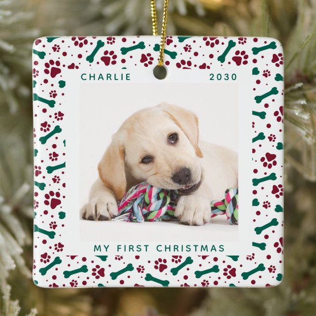 Pet 2 Dog Photo Paw Prints Personalized Christmas  Ceramic Ornament (Creator Uploaded)