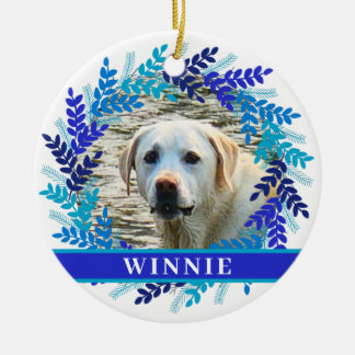 Pet 2 Photo Blue Wreath Christmas Wreath Ceramic Ornament