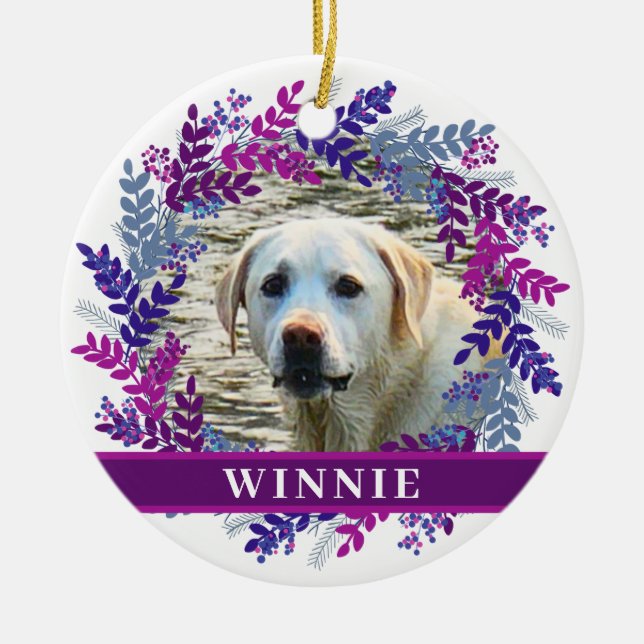 Pet 2 Photo Pink Purple Wreath Christmas Wreath Ceramic Ornament (Front)