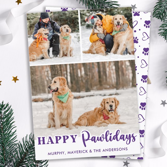 Pet 3 Photo Dog Lover Personalized Happy Pawlidays Holiday Card (Creator Uploaded)
