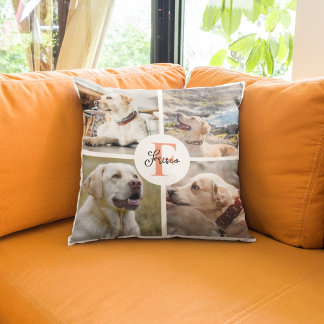 Pet  4 Photo Collage Name Dog Monogram  Throw Pillow