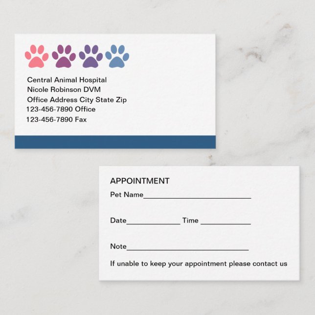 Pet Animal Hospital Veterinary Appointment Cards (Front/Back)