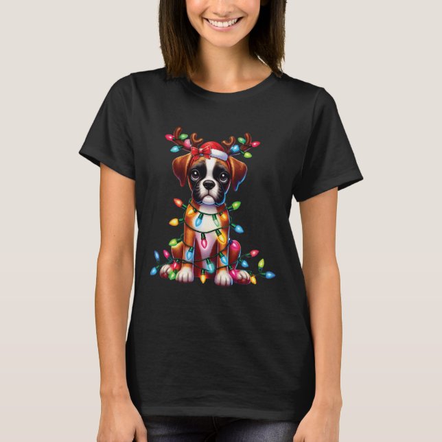 Pet Animal Lovers Cute Boxer Dog Reindeer Antlers  T-Shirt (Front)