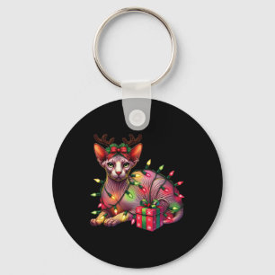 Pet Animal Lovers Cute Sphynx Cat Reindeer Antlers Keychain