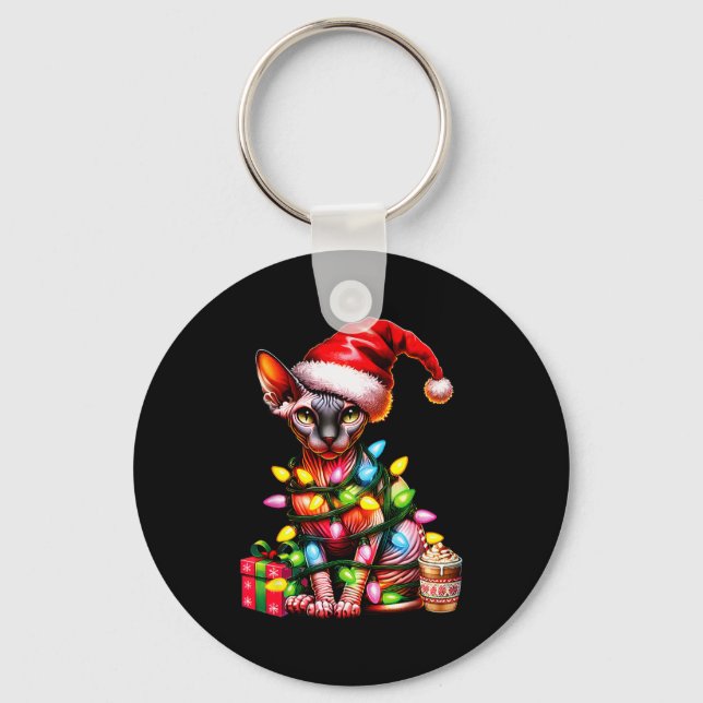 Pet Animal Lovers Cute Sphynx Cat Reindeer Antlers Keychain (Front)