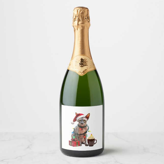 Pet Animal Lovers Cute Sphynx cat Reindeer Antlers Sparkling Wine Label (Front)