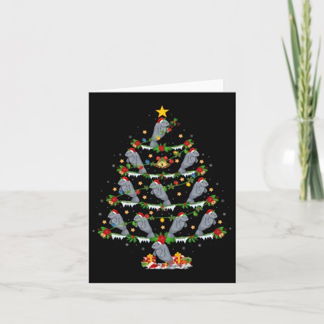 Pet Animal Xmas Lights Santa Manatee Christmas Tre Card (Front)