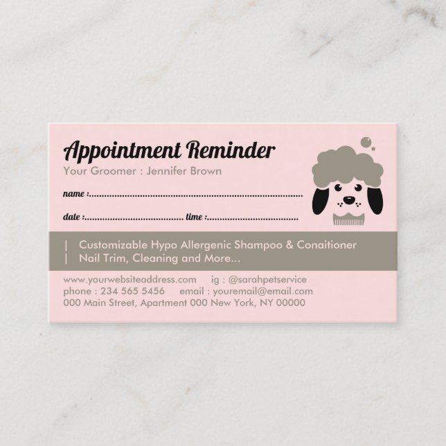 Pet Bath Salon Appointment Remind Dog Groomer Business Card (Front)