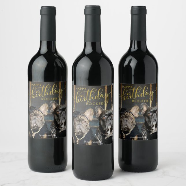 Pet Birthday Add Photo and Text Modern Gold Script Wine Label (Bottles)