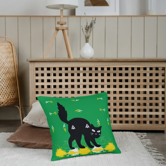 Pet Black Cat On Green White Yellow Cute Modern Throw Pillow (Creator Uploaded)