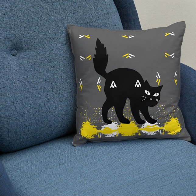 Pet Black Cat On Grey White Yellow Cute Modern Throw Pillow (Creator Uploaded)