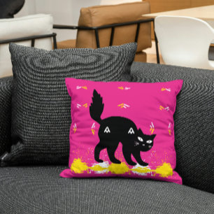 Pet Black Cat On Pink White Yellow Cute Modern Throw Pillow