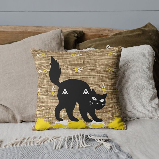 Pet Black Cat White Yellow Burlap Pattern Custom Throw Pillow (Creator Uploaded)