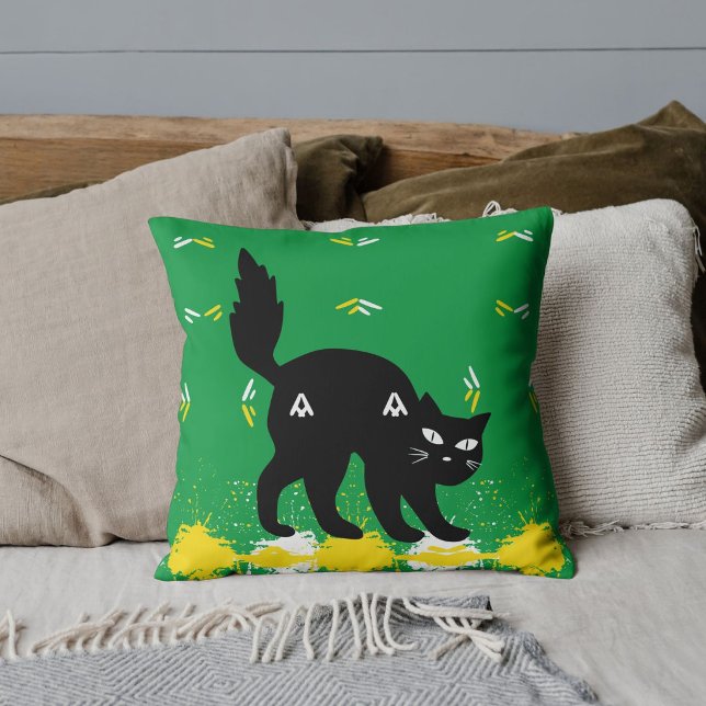 Pet Black Cat White Yellow Pattern Green Custom Throw Pillow (Creator Uploaded)