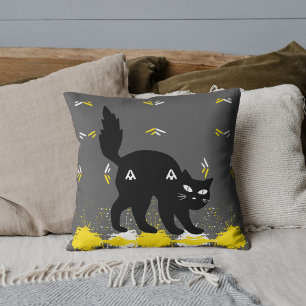 Pet Black Cat White Yellow Pattern Grey Customized Throw Pillow
