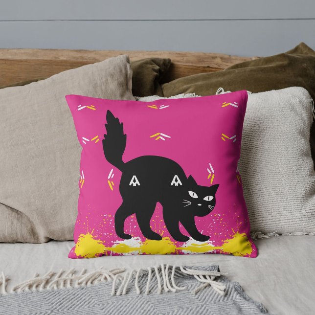 Pet Black Cat White Yellow Pattern Pink Customized Throw Pillow (Creator Uploaded)