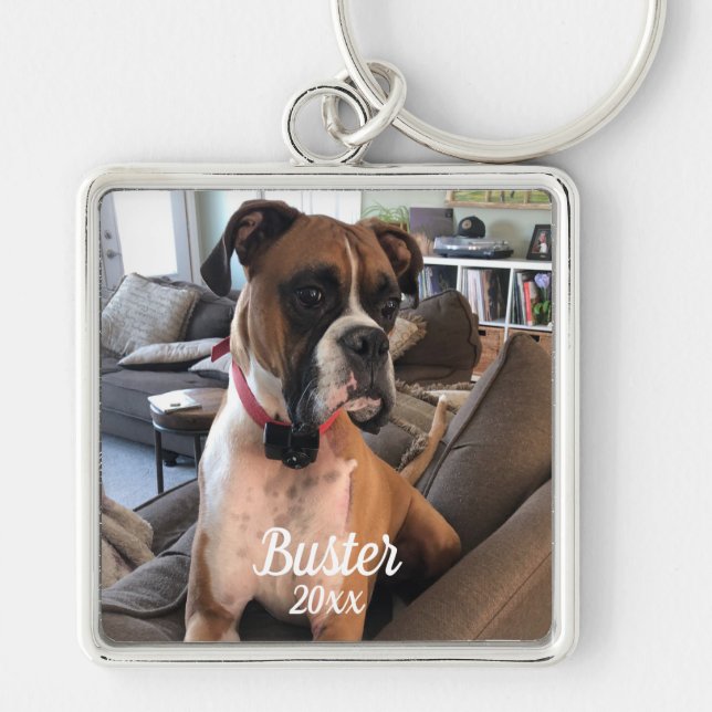 Pet Boxer Photo White Typography Personalize Keychain (Front)