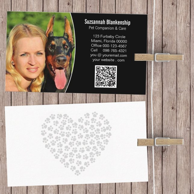 Pet Care Black White Custom QR Code and Photo Business Card (Creator Uploaded)